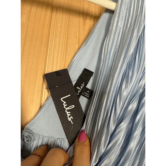 NWT Lulus Melitta Light Blue Plisse Sash Maxi Dress Wedding Bridesmaid Size L - Picture 5 of 9